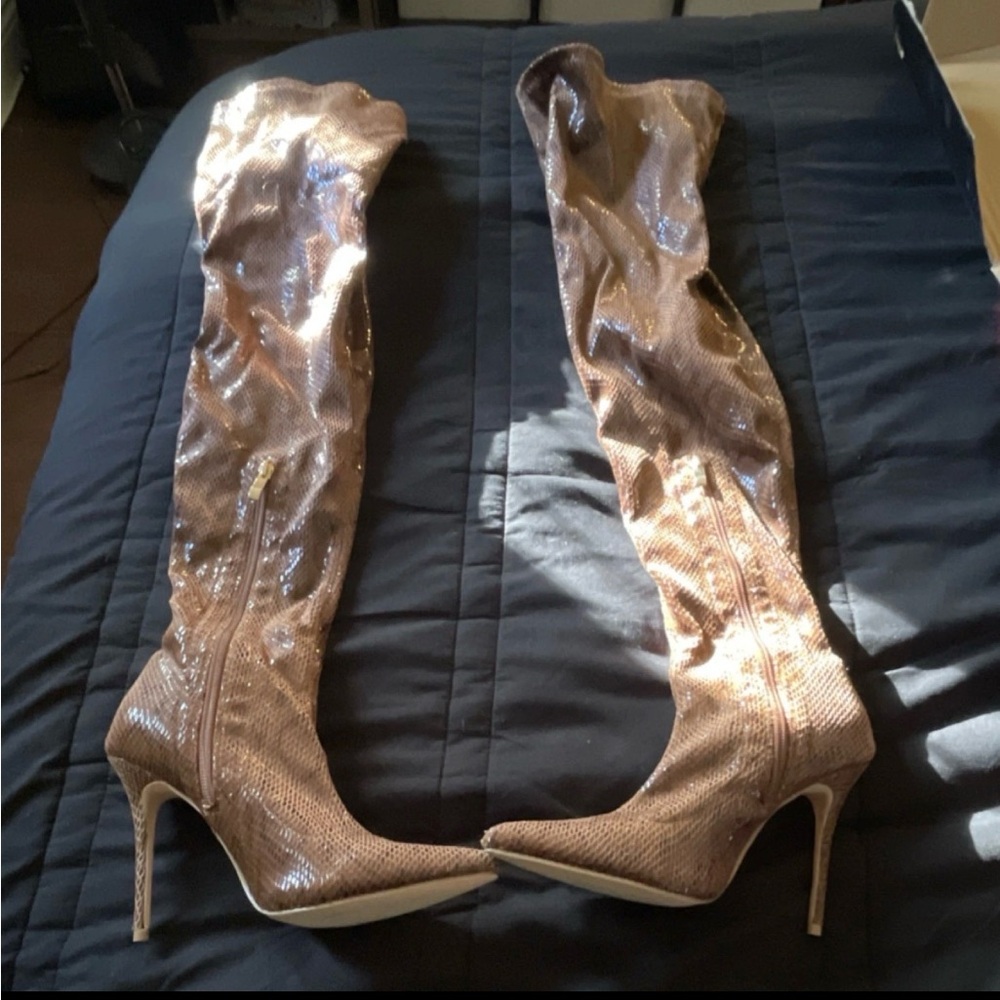 Fashion Nova Shimmering Tan Heeled Boots